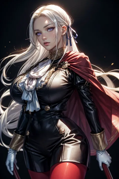 (ultra realistic,32k, masterpiece:1.2),(high detailed skin:1.1),( 8k uhd, dslr, high quality:1.1),
<lora:Edelgard_Von_Hresvelg_Academy_Arc_Fire_Emblem_Three_Houses:0.7>edelgard von hresvelg, 1girl, white hair, (purple eyes:0.9), long hair, hair ribbon, black dress, black jacket, black shorts, red cape, red pantyhose, white gloves, ascot, , <lora:add_detail:0.99>, huge breast,
(looking at viewer, portrait:1.1),,
,(glow in the dark:1.1), blank background