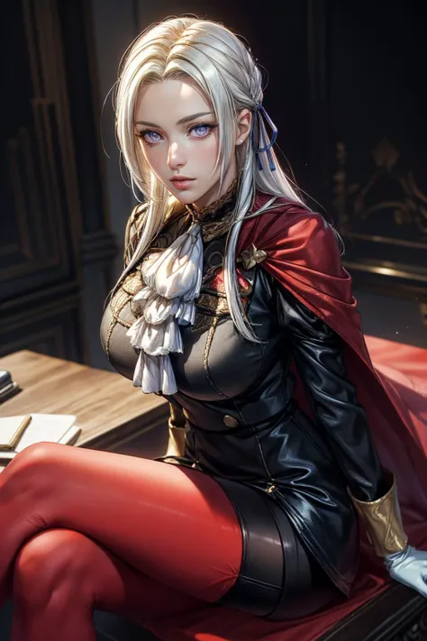 (ultra realistic,32k, masterpiece:1.2),(high detailed skin:1.1),( 8k uhd, dslr, high quality:1.1),
<lora:Edelgard_Von_Hresvelg_Academy_Arc_Fire_Emblem_Three_Houses:0.7>edelgard von hresvelg, 1girl, white hair, (purple eyes:0.9), long hair, hair ribbon, black dress, black jacket, black shorts, red cape, red pantyhose, white gloves, ascot, , <lora:add_detail:0.93>, huge breast,
(looking at viewer, sitting, crossed legs, from above:1.1),,
,(volumetric lighting:1.1), blank background