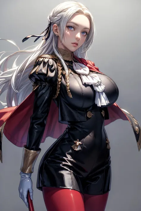 (ultra realistic,32k, masterpiece:1.2),(high detailed skin:1.1),( 8k uhd, dslr, high quality:1.1),
 <lora:Edelgard_Von_Hresvelg_Academy_Arc_Fire_Emblem_Three_Houses:0.7>edelgard von hresvelg, 1girl, white hair, (purple eyes:0.9), long hair, hair ribbon, black dress, black jacket, black shorts, red cape, red pantyhose, white gloves, ascot, , <lora:add_detail:0.85>, huge breast, 
(looking at viewer, Bend forward:1.1),
,(refraction:1.1), blank background