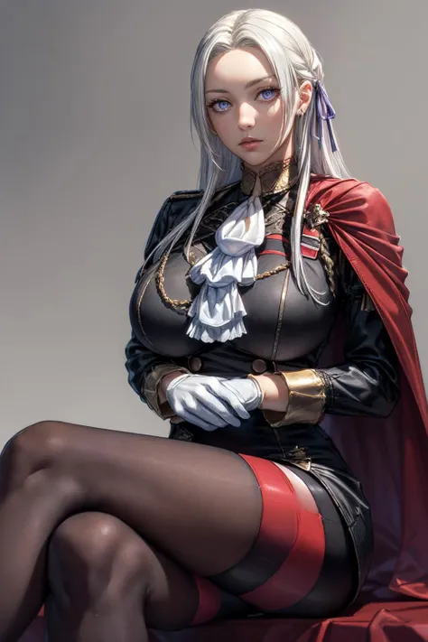 (ultra realistic,32k, masterpiece:1.2),(high detailed skin:1.1),( 8k uhd, dslr, high quality:1.1),
<lora:Edelgard_Von_Hresvelg_Academy_Arc_Fire_Emblem_Three_Houses:0.7>edelgard von hresvelg, 1girl, white hair, (purple eyes:0.9), long hair, hair ribbon, black dress, black jacket, black shorts, red cape, red pantyhose, white gloves, ascot, , <lora:add_detail:0.84>, huge breast,
(looking at viewer, sitting, crossed legs:1.1),,
,(tenebrism:1.1), blank background