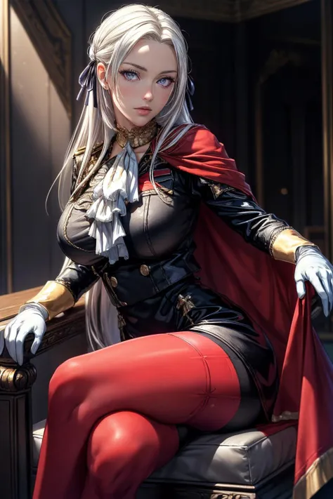 (ultra realistic,32k, masterpiece:1.2),(high detailed skin:1.1),( 8k uhd, dslr, high quality:1.1),
 <lora:Edelgard_Von_Hresvelg_Academy_Arc_Fire_Emblem_Three_Houses:0.7>edelgard von hresvelg, 1girl, white hair, (purple eyes:0.9), long hair, hair ribbon, black dress, black jacket, black shorts, red cape, red pantyhose, white gloves, ascot, , <lora:add_detail:0.95>, huge breast, 
(looking at viewer, sitting, from below:1.1),,
,(moody lighting:1.1), blank background