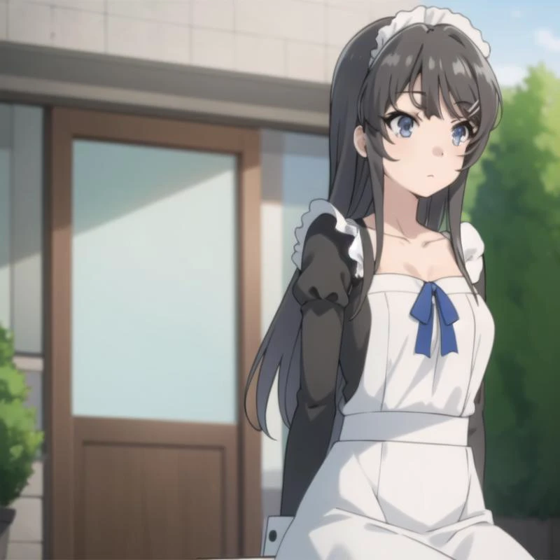 seishun-mai, maid uniform, black hair, long hair, blue eyes, collarbone, full body, medium breasts, solo, 1girl, outdoors <lora:seishun-mai-000003:0.8>