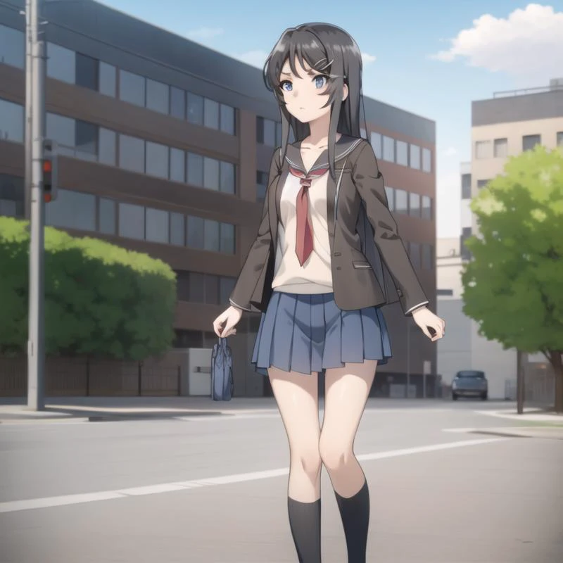 seishun-mai, school uniform, black hair, long hair, blue eyes, collarbone, full body, medium breasts, solo, 1girl, outdoors <lora:seishun-mai-000003:0.8>