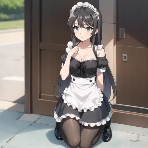 seishun-mai, maid uniform, black hair, long hair, blue eyes, collarbone, full body, medium breasts, solo, 1girl, outdoors <lora:seishun-mai-000003:0.6>