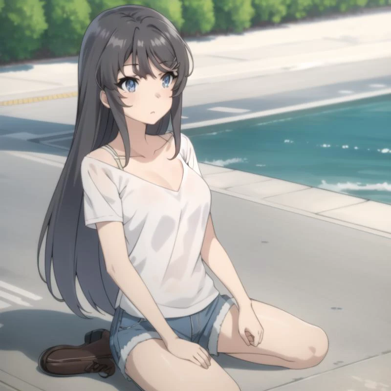 seishun-mai, shorts shirt, black hair, long hair, blue eyes, collarbone, full body, medium breasts, solo, 1girl, outdoors <lora:seishun-mai-000003:0.8>