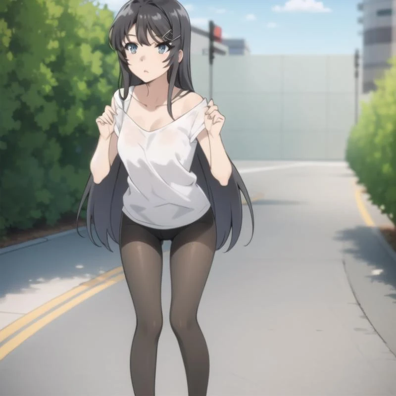 seishun-mai, casual clothes, black hair, long hair, blue eyes, collarbone, full body, medium breasts, solo, 1girl, outdoors <lora:seishun-mai-000003:0.8>