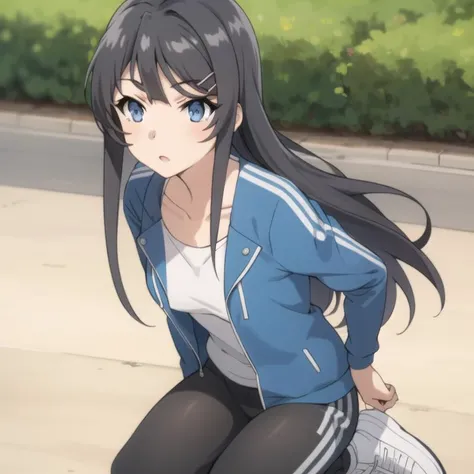 seishun-mai, tracksuit, black hair, long hair, blue eyes, collarbone, full body, medium breasts, solo, 1girl, outdoors <lora:seishun-mai-000003:0.7>
