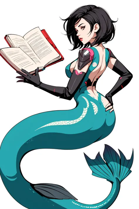 <lora:Mermaid:0.7> woman, side view, short black hair, feathered haircut, scales, mermaid, pool, sorcerer's tome grimoire <lora:hyperdetailer_v095:0.3>, Indie game art, Vector Art, Borderlands style, Arcane style, Cartoon style, Line art, Disctinct features, Hand drawn, Technical illustration, Graphic design, Vector graphics, High contrast, Precision artwork, Linear compositions, Scalable artwork, Digital art, cinematic sensual, Sharp focus, humorous illustration, big depth of field, Masterpiece, trending on artstation, Vivid colors, trending on ArtStation, trending on CGSociety, Intricate, Low Detail, dramatic