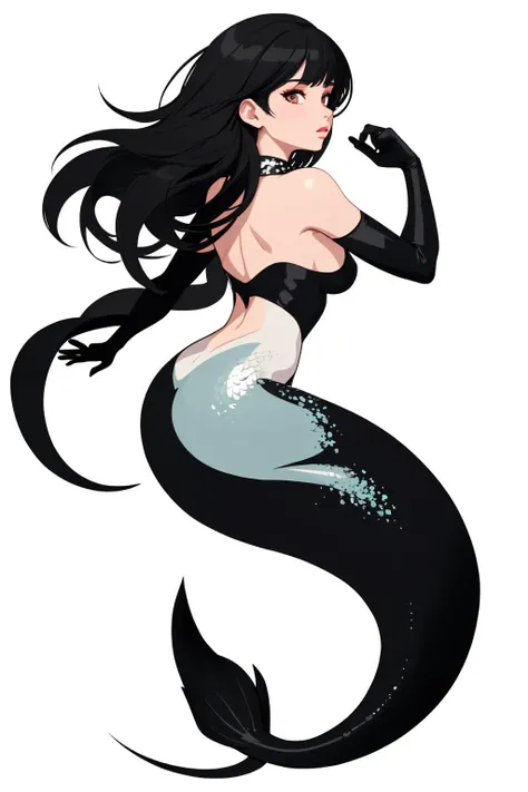 <lora:Mermaid:0.75> woman, from the side, long black hair, bob with bangs, scales, mermaid, rock, fairy necklace <lora:hyperdetailer_v095:0.25>, Vector art, Vivid colors, Clean lines, Sharp edges, Minimalist, Precise geometry, Simplistic, Smooth curves, Bold outlines, Crisp shapes, Flat colors, Illustration art piece, High contrast shadows, Technical illustration, Graphic design, Vector graphics, High contrast, Precision artwork, Linear compositions, Scalable artwork, Digital art