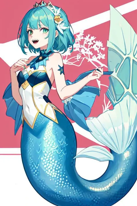 best quality, 1girl( mermaid, sharp teeth, young, small)