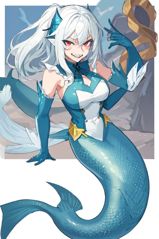 1girl( shark tail, smirking face, mermaid, big sister, onee-san, sharp teeth, guts
