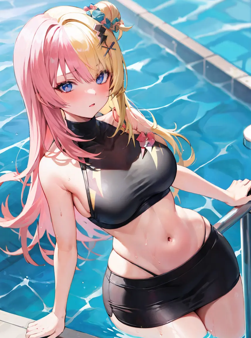 masterpiece, detailed, high quality, absurdres, kotoka, 1girl, solo, blush, multicolored hair, blonde hair, pink hair, medium breasts, curvy, wide hips, groin, swimsuit, halterneck, (pencil skirt), partially submerged, pool,