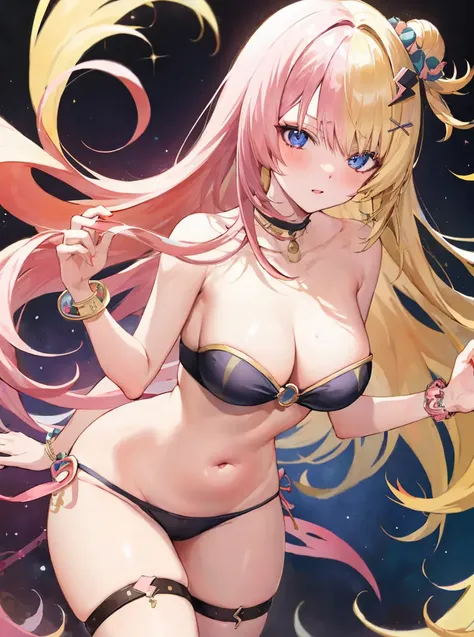 masterpiece, detailed, high quality, absurdres, kotoka, 1girl, solo, blush, multicolored hair, blonde hair, pink hair, medium breasts, curvy, wide hips, groin, (jewelry), choker, strapless, panties, bracelet, anklet, belly chain, thigh strap,