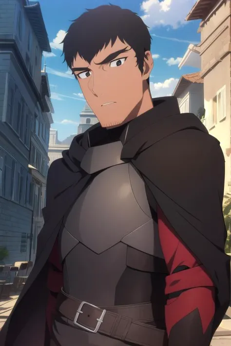 davion, <lyco:davionv2-lyco-nochekaiser:1>,
davion, short hair, black hair, dark skin, (black eyes:1.5), dark-skinned male, facial hair, thick eyebrows, stubble, sideburns,
BREAK gloves, black gloves, belt, cape, armor, red armor, cloak, black cape,
BREAK looking at viewer,
BREAK outdoors,
BREAK <lyco:GoodHands-beta2:1>, (masterpiece:1.2), best quality, high resolution, unity 8k wallpaper, (illustration:0.8), (beautiful detailed eyes:1.6), extremely detailed face, perfect lighting, extremely detailed CG, (perfect hands, perfect anatomy),