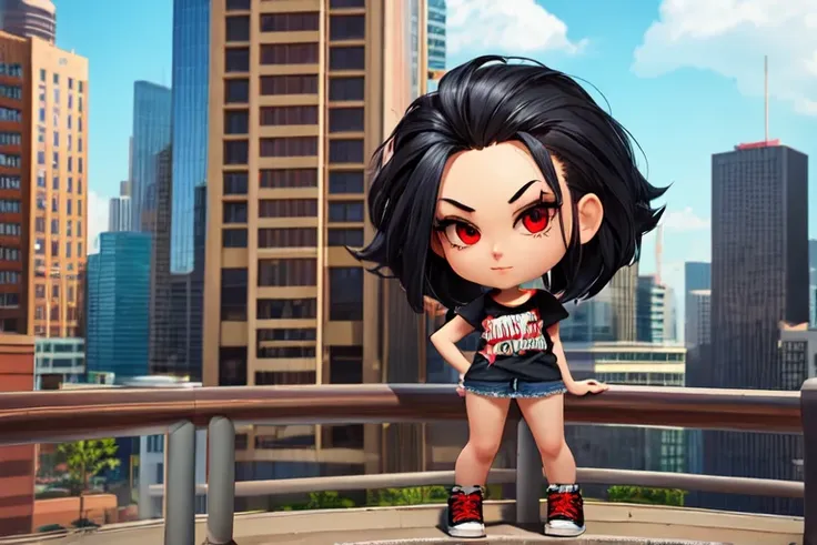 big head mode, full body shot, gigantic head like a funko pop, small body, best quality, masterpiece, cinematic, 1girl, punk, black hair, fine detail, realistic, leaning on a railing, skyline
,