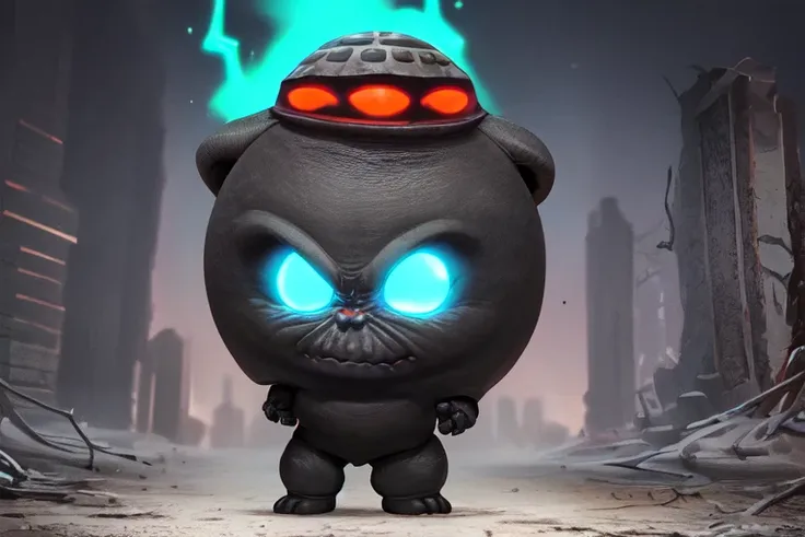 big head mode, full body shot, gigantic head like a funko pop, glowing eyed demon in an ancient cursed city