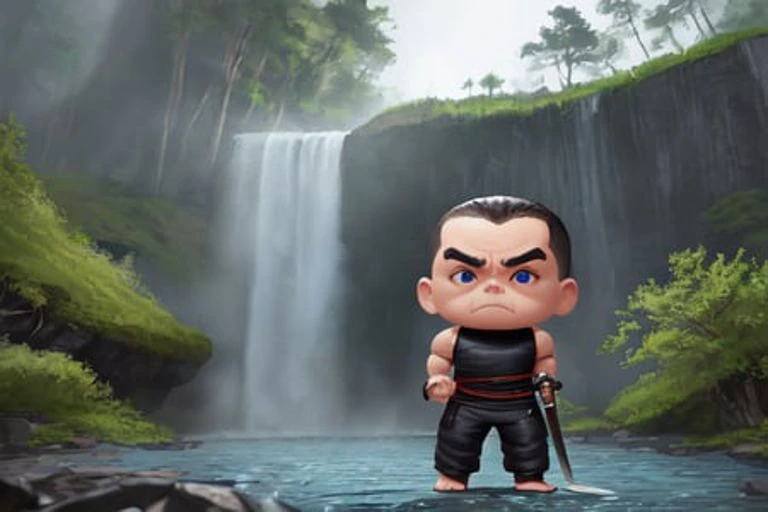 big head mode, full body shot, gigantic head like a funko pop, small body, wearing sword, 1boy, evil ninja assassin in a mystical village overlooking a waterfall