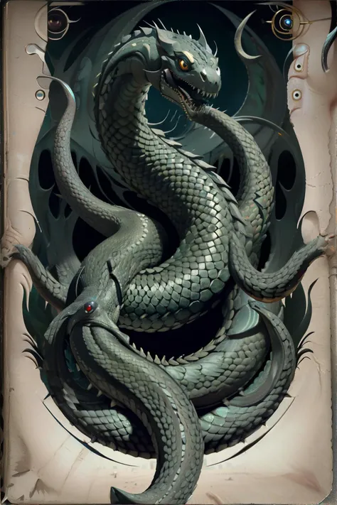 <lora:books_cthulumythos:0.5>, cthulhumythosartbook, book page, serpent with hypnotic gaze || masterpiece, perfect quality, sharp focus, shallow depth of field, 8k