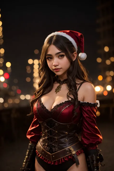 medium shot photo of a mix of (santa costume:0.8) and (vampire costume:0.5) fenn_rowan, (nice cleavage:1.1), intricate steampunk+ city, evening, dark, atmospheric, mist, best quality masterpiece, photorealistic, detailed, 8k, HDR, shallow depth of field, broad light, high contrast, backlighting, bloom, light sparkles, chromatic aberration, sharp focus, RAW color photo,<lora:epiNoiseoffset_v2Pynoise:1.0>