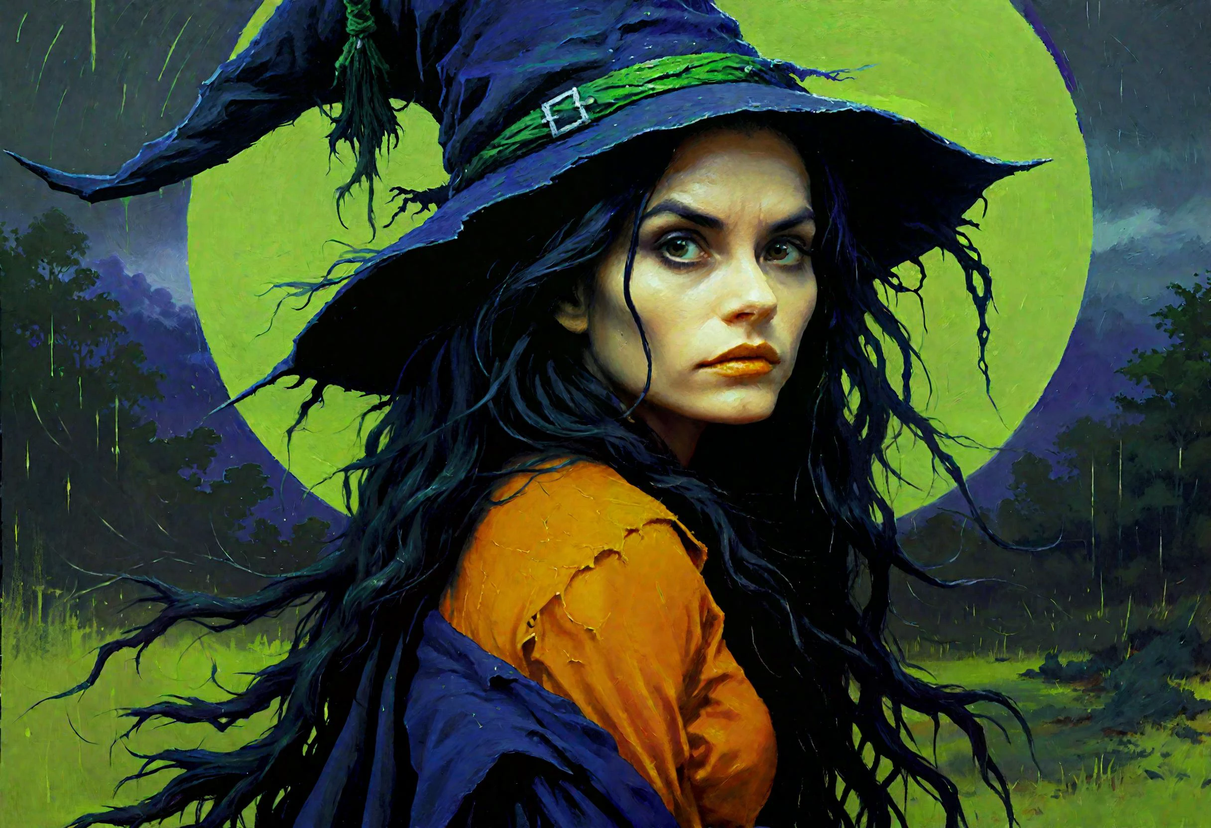 orange, purple, black gradients, Inkstains, high quality, beautiful, highly detailed, 8k, fantasy, ink dripping, broomstick brush,beautiful portrait of a Hallowen witch, green skin, ink stained hair, from behind sitting on a broomstick, ,thunderstorm in the backgroundHallowen witch, green skin, ink stained hair, from behind sitting on a broomstick, thunderstorm, . (in the style of Robert Hagan),