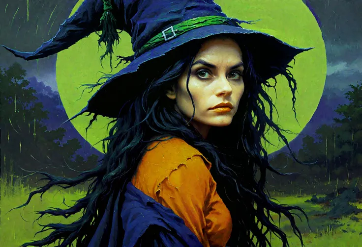 orange, purple, black gradients, Inkstains, high quality, beautiful,  highly detailed, 8k, fantasy, ink dripping, broomstick brush,beautiful portrait of a Hallowen witch, green skin, ink stained hair, from behind sitting on a broomstick, ,thunderstorm in the backgroundHallowen witch, green skin, ink stained hair, from behind sitting on a broomstick, thunderstorm,  .  (in the style of Robert Hagan),