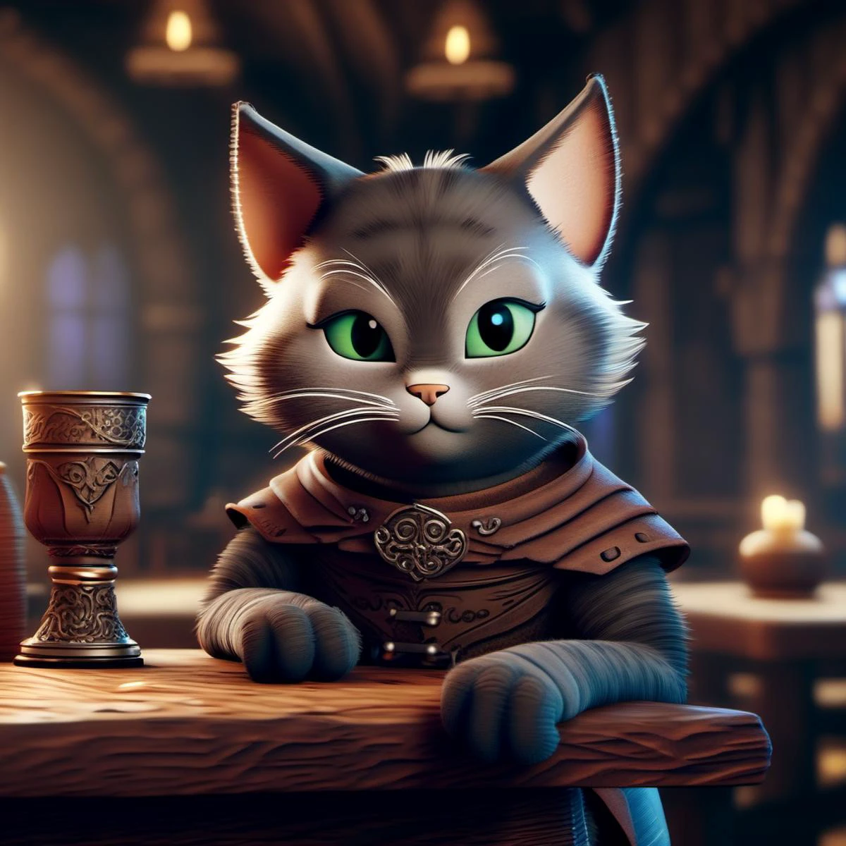 A cute cat character sitting on table in the medieval tavern, detailed and soft look, dynamic pose, closeup, portrait, octane rendering, medieval tavern background, ultra detail, intricate details, volumetric lighting, photo realistic, lifelike, photography, digital art, 8k