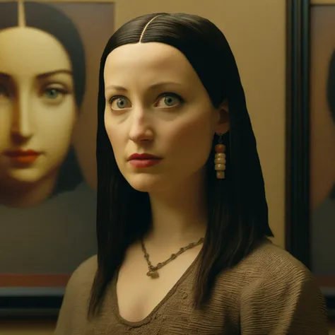 bauhaus, a hyperrealistic movie scene from 2023. A modern Mona Lisa woman looking exactly like the Mona Lisa of the painting. Intricate details. Hyperrealistic. Cinematic light.