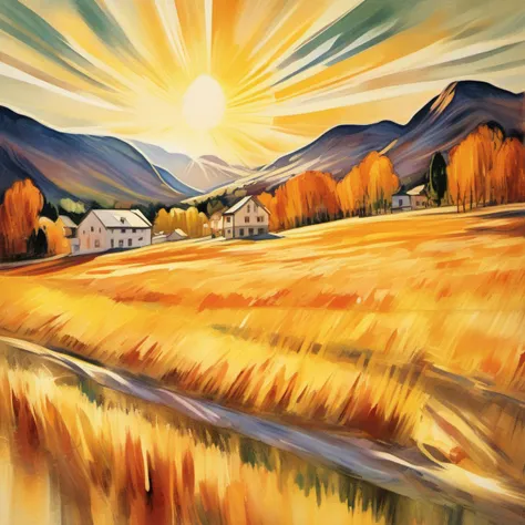 The sun's soft, warm rays are spreading over the elegant fluttering of the slopes of one of the magnificent mountains. The season is autumn. Edward Munch style.