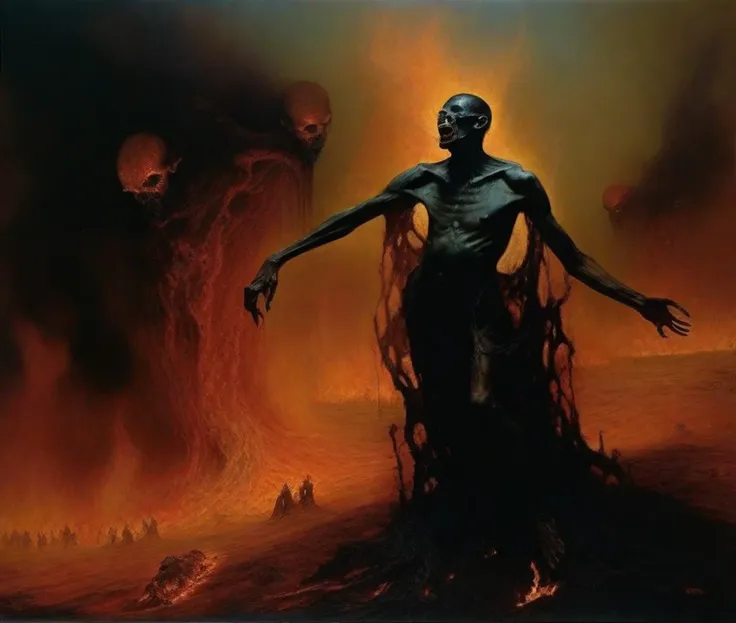 colorful dark theme painting of a horrific setting of a male demon dancing on the damned as they burn in eternal hell fire in the style of Zdzislaw Beksinski, the fires of hell with people moaning in pain in the background, dreamy and ethereal, expressive poses, big black eyes, tormented expressions, fantasy, intricate, elegant, dark and moody smoke, highly detailed, ominous baroque painting, concept art, smooth, sharp focus, illustration, black flowing ink, blackened eyes, fire and brimstone, death and decay, landscape painting