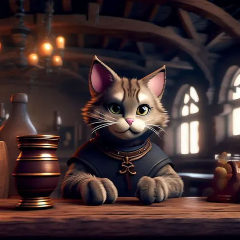 A cute cat character sitting on table in the medieval tavern, detailed and soft look, dynamic pose, closeup, portrait, octane rendering, medieval tavern background, ultra detail, intricate details, volumetric lighting, photo realistic, lifelike, photography, digital art, 8k