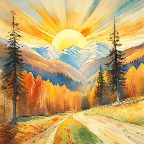 The sun's soft, warm rays are spreading over the elegant fluttering of the slopes of one of the magnificent mountains. The season is autumn. Edward Munch style.