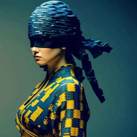 8bit ninja superimposed on a beautifull dress, closeup portrait photography in the style of vermeer and ultra sharp japanese photography