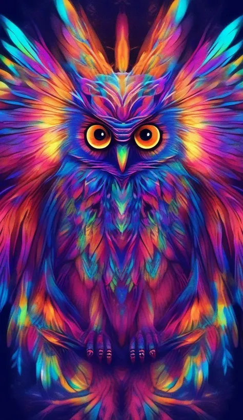 glowing art owl in faerietale couture, psychedelic