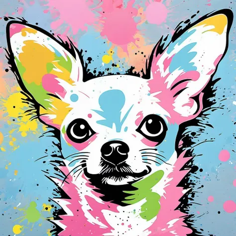 Chihuahua , pop art style painting thick textured acrylic paint, thick paint, splatter paint, white background,, 90s style, retro pastels colors, for t-shirt design so white space around image