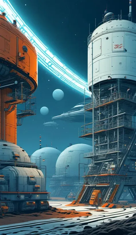 Industrial space base blending the artistic style of Christopher Balaskas and Yuko Shimizu