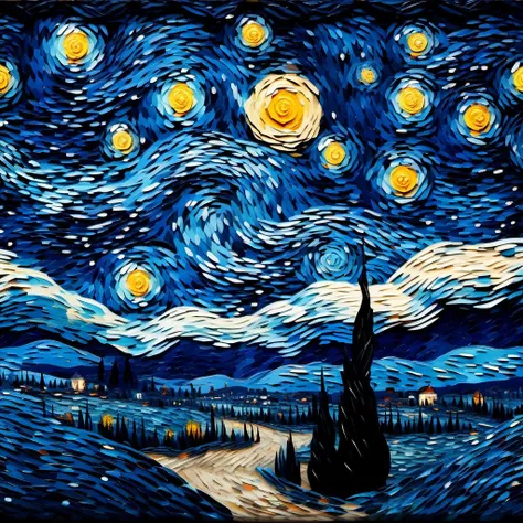 The Starry Night by Van Gogh as a realistic painting, capturing all details from the amazing work of art as well as the design,