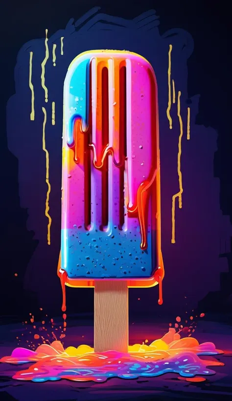 painting wita neon popsicle depicted in bright, vivid neon colors that radiate with an interior light. The details of the popsicle, such as its layered texture and color gradients, should be visible through the lighting effect, freshness, deliciousness