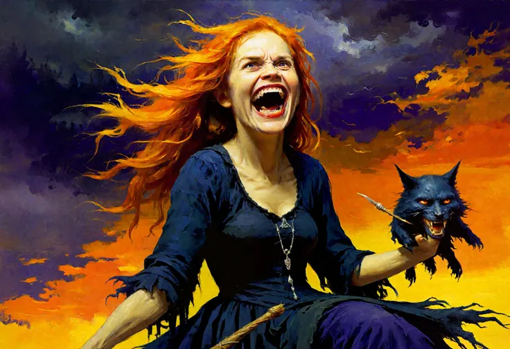 (orange:1.2), purple, black gradients, Inkstains, high quality, beautiful, highly detailed, 8k, fantasy, ink dripping, broomstick brush, ClassipeintXL,beautiful portrait of a (laughing loud:1.5) horrible, Hallowen witch with wrinkled pale skin, glowing eyes and long vampire canine fangs, ink stained hair, from behind sitting on a broomstick, ,thunderstorm in the background (laughing loud:1.5) (horrible Hallowen:1.3) witch with glowing eyes, long vampire canine fangs, stained hair, from behind sitting on a broomstick, thunderstorm,non-representational, colors and shapes, expression of feelings, imaginative, highly detailed . Mixture of watercolors and ink drawing style of Casey Baugh, an award-winning painting (in the style of Robert Hagan),