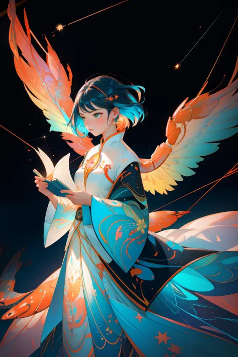 1girl, biomorphic forms, Pixabay, moody, photolab, silhouette, arthouse, Fire and Wind, professional, raytraced reflections, absurdres, Instax, Fantastical Irritated ([Shrimp|Cygnus constellation]:1.3) with Dumb wings, it is Reading, in Chibi Absorbing Colorless Fustanella from the Age of Exploration, Twirl pose, Light sparkles, award winning, fluorescent blue and electric red flakes, 64K, Swirling deep green, Flickr, bold lettering, Best quality, Electic Colors, Instagram, ultra high res, Batik, extremely hyper aesthetic, stylized, lovely and good-looking, Unsplash, Primary Colors, caustics, trending on artstation, Floral motives, Highres