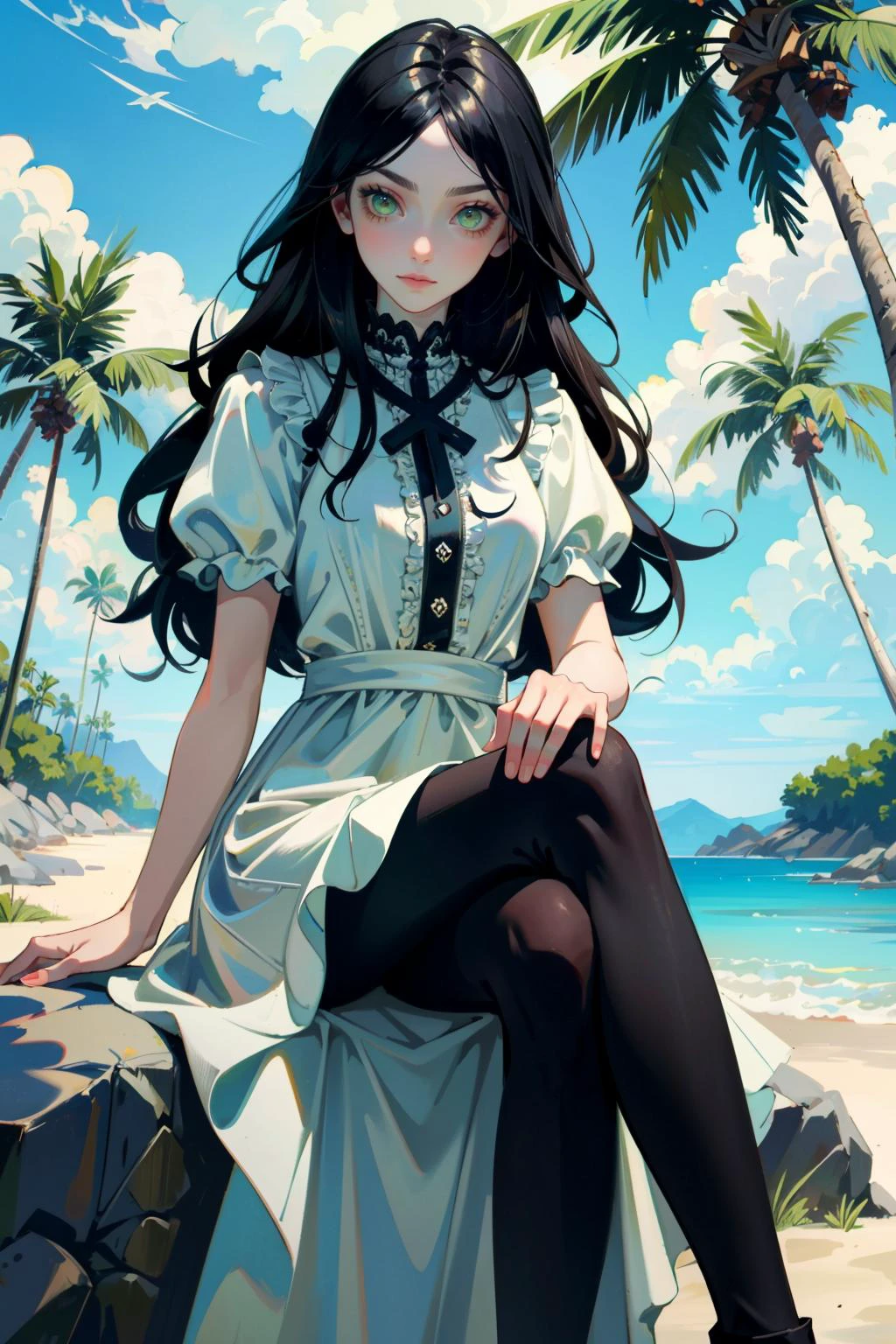 ((ultra detailed, masterpiece, best quality))
<lora:AliceMadness:0.8>
AliceMadness, 1girl, solo, long hair, black hair, green eyes, dress, pantyhose, on a tropical island, sundress, palm trees, sitting cross-legged