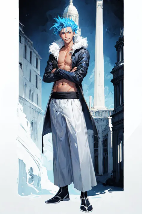 best quality, masterpiece, absurbres, super-resolution, espada, 1boy, male focus, smile, sharp teeth, parted lips, blue eyes, blue hair, spiked hair, long sleeves, navel, fur, abs, jacket, crossed arms, full body, capitol building, solo, <lora:Espada_style-09:1>