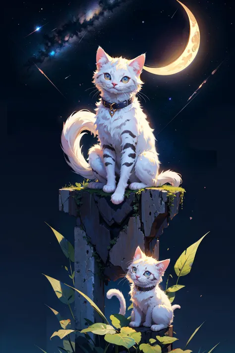((best quality, masterpiece, absurbres, super-resolution)) cute kitten sitting on the crescent moon, big bright smile, shooting stars, milky way
