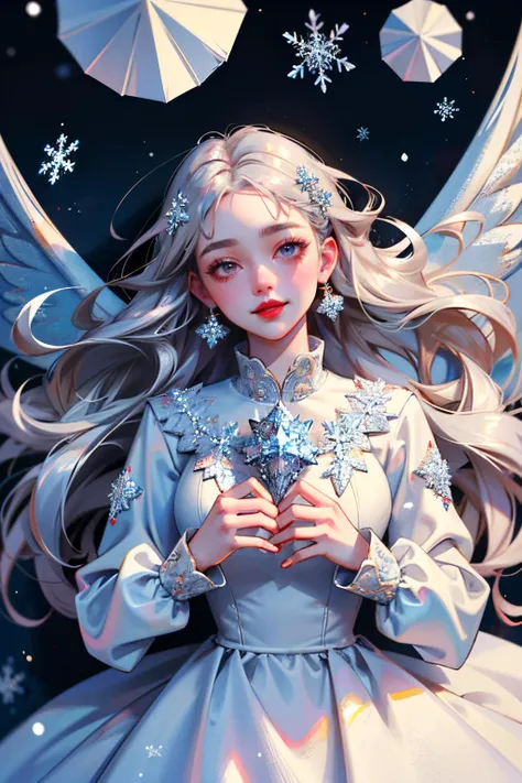(masterpiece:1.5), (((top quality, best quality,  high quality))),  ((intricately detailed,  ultra-detailed,  insanely detailed)), highres,  32K,  extremely detailed unity CG 8K wallpaper,  (beautiful and aesthetic:1.2),  (((award-winning))), professional illustration, official art, large size image, fine intricate details,
perfectly proportioned, flawless orientation, sharp focus, extreme sharpness, perfect clarity, (close-up:1.4),  dramatic angle,  ((strong brilliant lighting,  vibrant colors)), dynamic pose,  (lying flat on the snow:1.4), (view from above:1.5),
(cowboy shot:1.7),
(1girl:1.5), (solo:1.5), (snow angel:1.5),
beautiful gorgeous face, [:(detailed face:1.2):0.2], bright big eyes, pureerosface_v1, (red lips:1.4), (full puffy lips:1.4), (happy:1.5, loving smile:1.37), (closed lips:1.5),
perfect feminine body, extremely pale skin, realistic skin, skin pores, narrow waist, (flowing hair:1.5), (white silver hair:1.5),
(white translucent dress:1.5),  (fabrication glitters:1.5), (luxury intricate clothing jewelries), (long flowing sleeves:1.4), (clothing sparkles:1.4), (sparkling particles:1.3),  snowflake earrings, snowflake hair ornaments, hairclip, armlets, (jewelries:1.5),
(shiny, glistening, complex intricate background:1.5), (glistening snow:1.5), (sparkling snowflake crystals:1.5), <lora:detail_slider_v4:1.8>