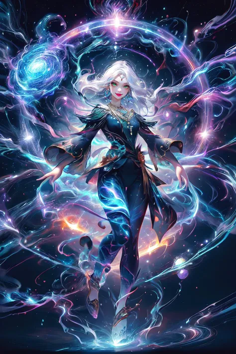 best quality,masterpiece,absurbres,super-resolution,
(((gold, silver, glimmer)), faerie),looking_at_viewer,full_body,1girl,white hair,smile,straight_hair,long hair,green eyes,red eyeshadow,longeyelashes,beautiful_detailed_eyes,thick lips,forehead jewel,jewelry,necklace,dynamic pose,thundermagic,excessive energy,starlight,charged aura,<lora:ThunderMagic:0.8>,dynamic pose,style-swirlmagic,