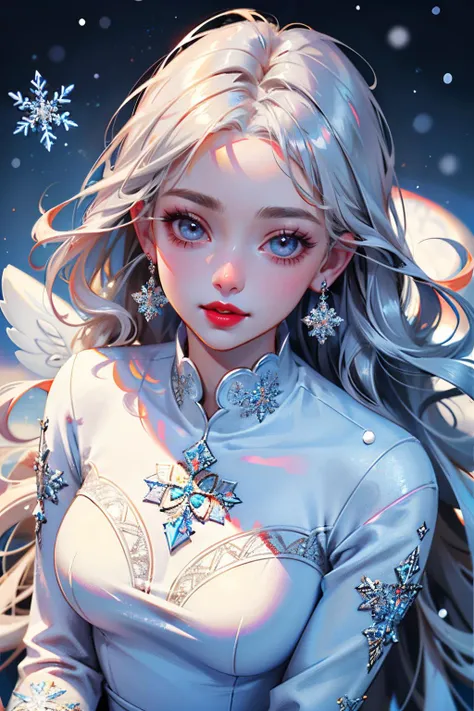 (masterpiece:1.5), (((top quality, best quality,  high quality))),  ((intricately detailed,  ultra-detailed,  insanely detailed)), highres,  32K,  extremely detailed unity CG 8K wallpaper,  (beautiful and aesthetic:1.2),  (((award-winning))), professional illustration, official art, large size image, fine intricate details,
perfectly proportioned, flawless orientation, sharp focus, extreme sharpness, perfect clarity, (close-up:1.4),  dramatic angle,  ((strong brilliant lighting,  vibrant colors)), (lying supine:1.5),  (lying flat on the snowy ground:1.4), (view from above:1.5),
(upper body:1.7),
(1girl:1.5), (solo:1.5), (snow angel:1.5),
beautiful gorgeous face, [:(detailed face:1.2):0.2], bright big eyes, pureerosface_v1, (red lips:1.4), (full puffy lips:1.4), (happy:1.5, loving smile:1.37), (closed lips:1.5),
perfect feminine body, extremely pale skin, realistic skin, skin pores, narrow waist, (flowing hair:1.5), (white silver hair:1.5),
(white translucent dress:1.5),  (fabrication glitters:1.5), (luxury intricate clothing jewelries), (long flowing sleeves:1.4), (clothing sparkles:1.4), (sparkling particles:1.3),  snowflake earrings, snowflake hair ornaments, hairclip, armlets, (jewelries:1.5),
(shiny, glistening, complex intricate background:1.5), (glistening snow:1.5), (sparkling snowflake crystals:1.5), <lora:detail_slider_v4:1.8>