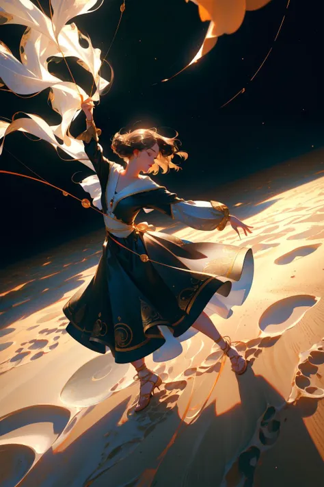 1girl, (baroque art by Adriaen van Ostade:0.9) and (Harvey Kurtzman:1.2) , grand, beautiful, low angle shot of a ("Footprints in the sand, a dance of fleeting moments, imprints of lives intertwined.":1.3) , it is very Flowing and Tribal, The Sun background, dense flora and Deep space in background, Summer, FOV 90 degrees, Fine art, Dark and Gritty, Abstract Expressionism, studio lighting, Depth of field 270mm, Film Washi, bloom, Plain white background, extremely beautiful, professional