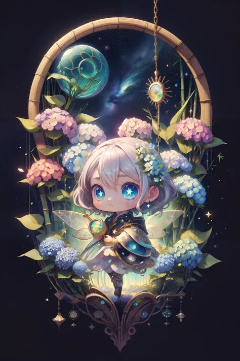bambootech,scifi,bamboo,fibers,<lora:BambooTech:1>,breathtaking,(from hair flow backward lots and lots of kirakira kawaii star pattern star phosphorescence, girl Nebula Silhouette, Galactic circle background and baroque quality fine chainwork borders, Hanging Chain Braided Star Ornament, fairy clock, Kaleidoscope Chibi Hydrangea and Kaleidoscope Chibi Hydrangea Petals, The Idea of the Spiral, The Idea of the baroque, starlight, star,:1.1),award-winning,professional,highly detailed,