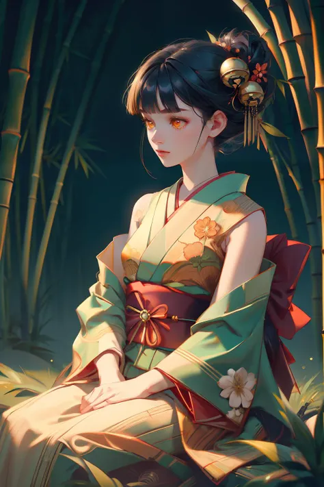 cinematic film still, (bambootech,bamboo,fibers,<lora:BambooTech:1>,1girl,samurai,pale_skin,forehead jewel,straight_hair,black hair,blunt bangs,orange eyes,small_breasts,sleeveless_kimono,hair_bell,on_lap,sitting,day,nature,full_body,Cinematic Lighting,:1.1), shallow depth of field, vignette, highly detailed, high budget, bokeh, cinemascope, moody, epic, gorgeous, film grain, grainy