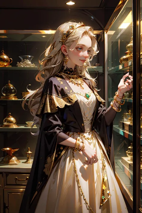 ((best quality, masterpiece, absurbres, super-resolution)) 1girl, Jewel shop owner, jewellery behind glass cabinet, (gold accessories:1.2), shiny interior, luxurious girl (Jewel and Gems:1.3)