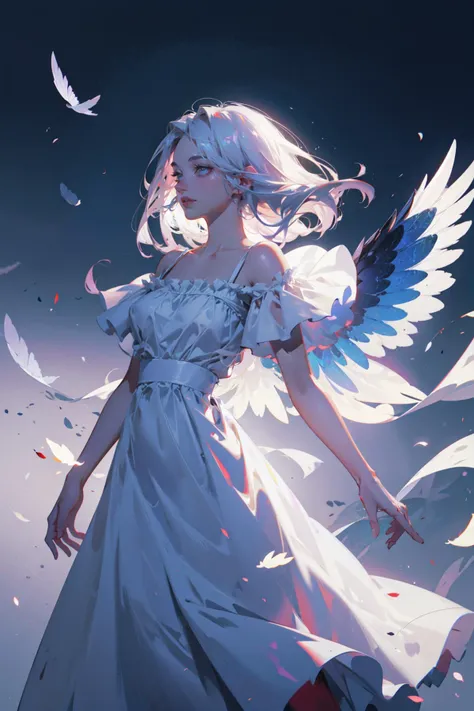 ((best quality, masterpiece, absurbres, super-resolution)), 1 girl, white sundress, light fabric, strong wing blowing,